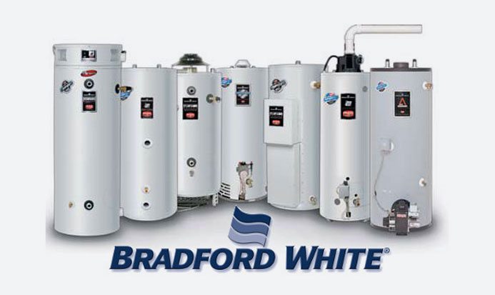 Bradford White water heaters lined up on white background.